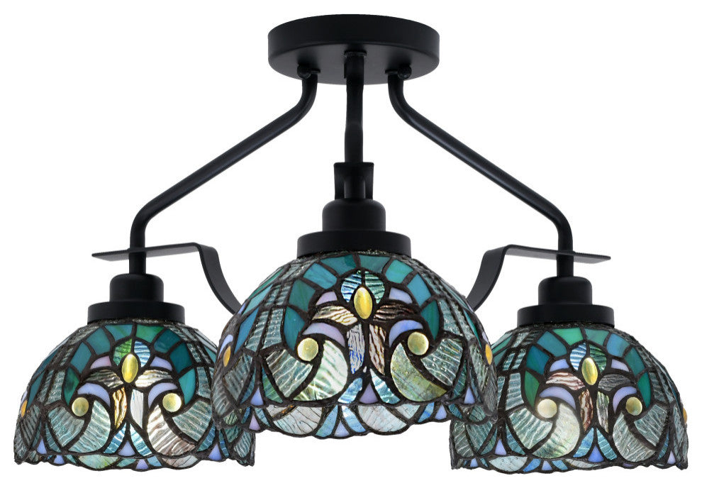 Odyssey 3 Light Semi Flush Mount, Matte Black, 7" Turquoise Cypress Art Glass