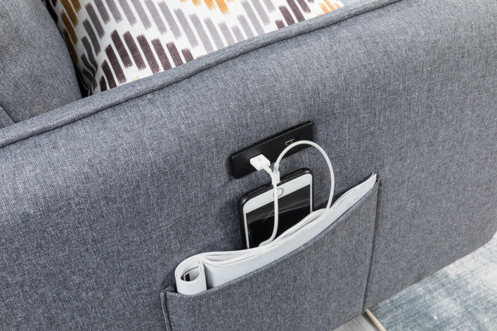Mia Gray Linen Fabric Sectional Sofa Chaise With USB Charger and Pillows