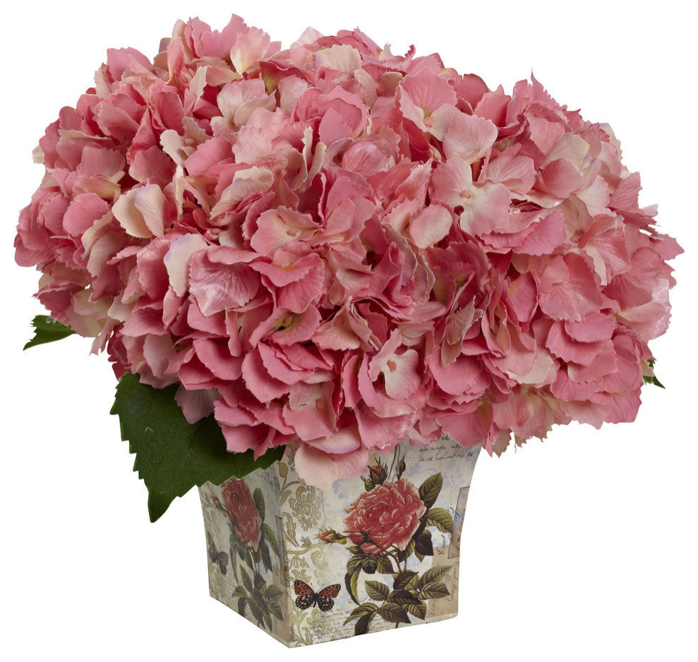 Hydrangea Silk Arrangement With Floral Planter, Pink