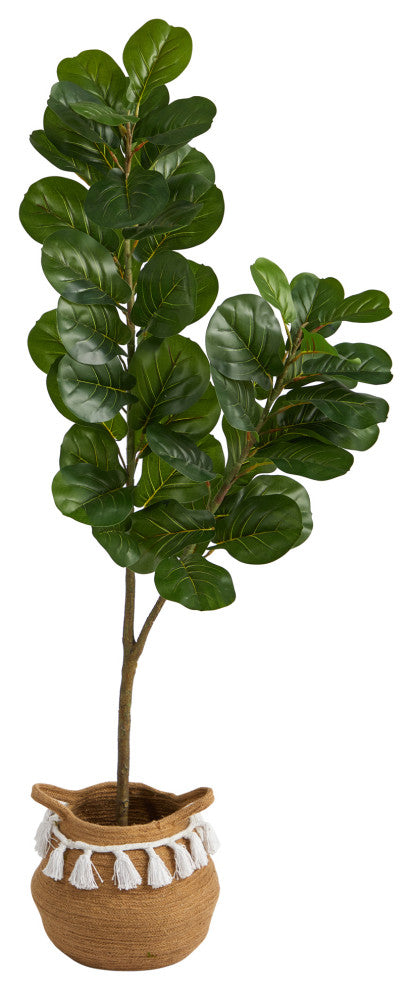 4.5' Fiddle Leaf Fig Faux Tree W/Handmade Natural Cotton Woven Planter W/Tassels