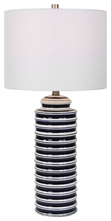 Navy And White Ceramic Base With Brushed Nickel Accents. Table Lamp