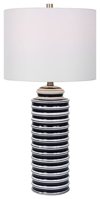 Navy And White Ceramic Base With Brushed Nickel Accents. Table Lamp