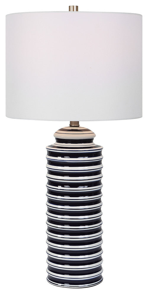 Navy And White Ceramic Base With Brushed Nickel Accents. Table Lamp