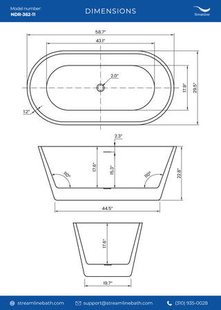 59" Streamline NDR-362-11-BGL Freestanding Tub, Tray, Drain in Brushed Gold