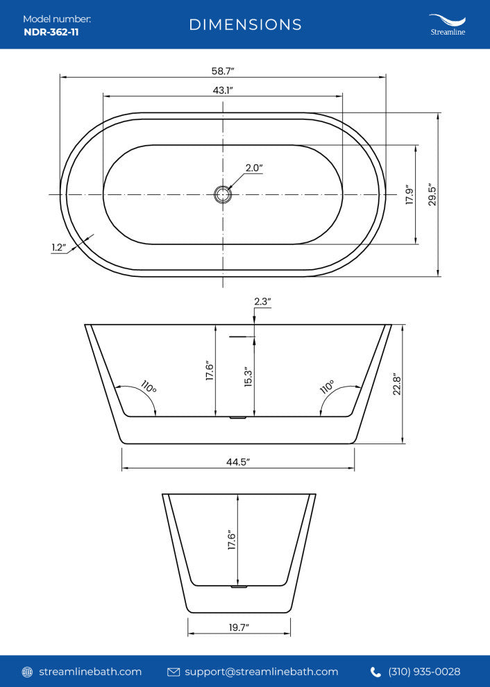 59" Streamline NDR-362-11-BGL Freestanding Tub, Tray, Drain in Brushed Gold