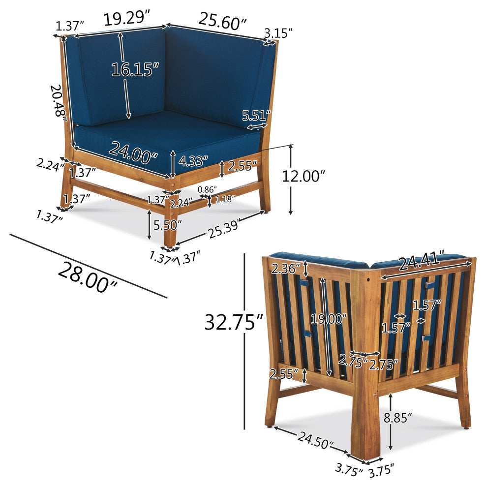 GDF Studio Judith Outdoor 9 Seater Sectional Sofa Set With Cushion, Teak/Blue