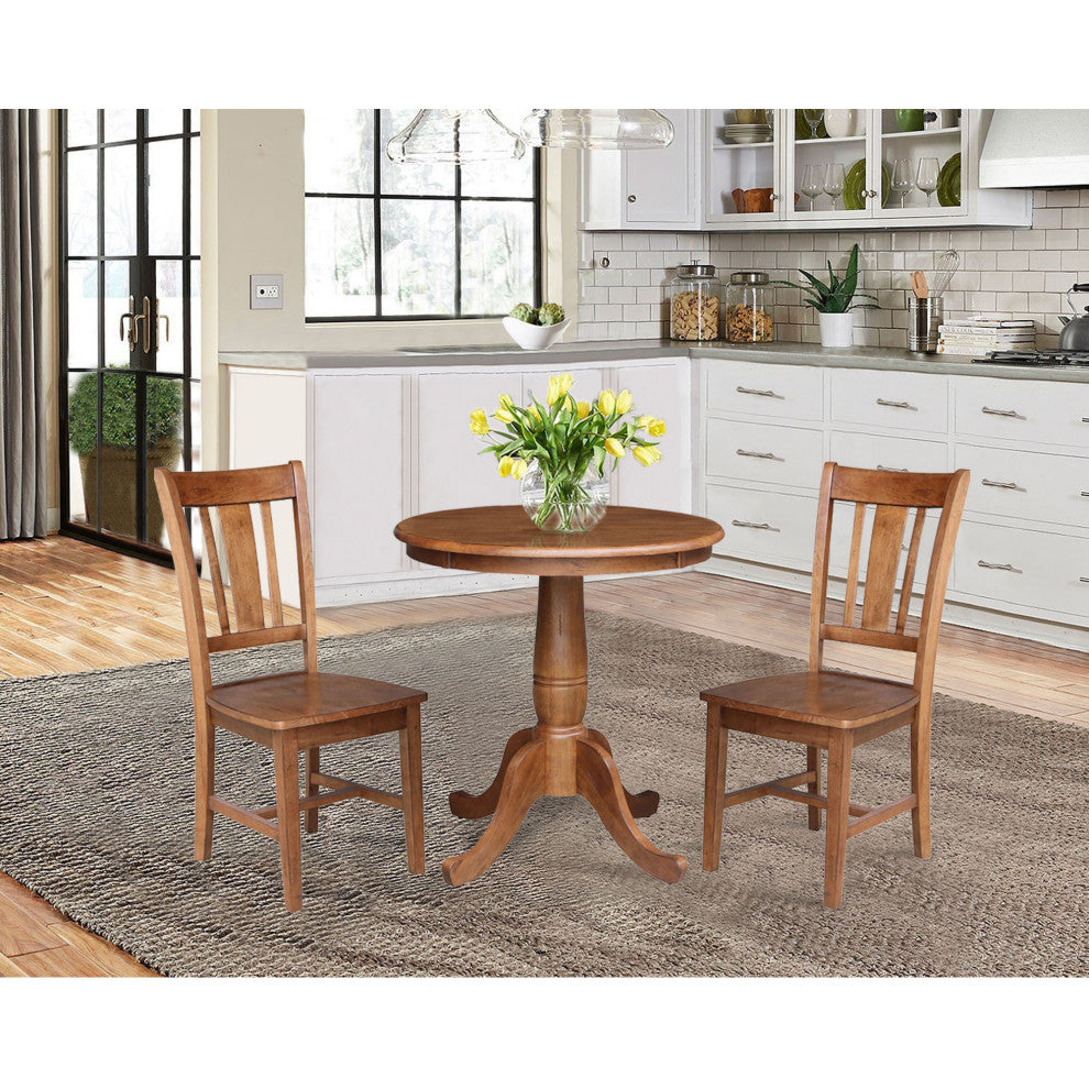 30" Round Top Pedestal Table With 2 San Remo Chairs, 3-Piece Set, Distressed Oak