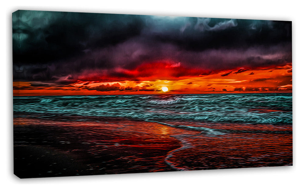 Red Sunset over Blue Waters, Seascape Canvas Art Print, 32"x16"