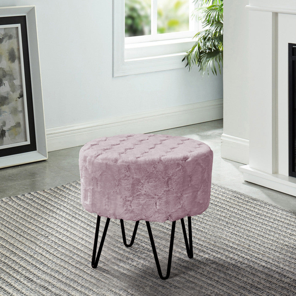 Jacquard Solid Faux Fur Round Ottoman, 18" x 18" x 18", Violet Ice