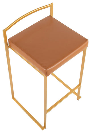 Fuji Stackable Stool, Gold With Camel Faux Leather, Set of 2, Counter Stool