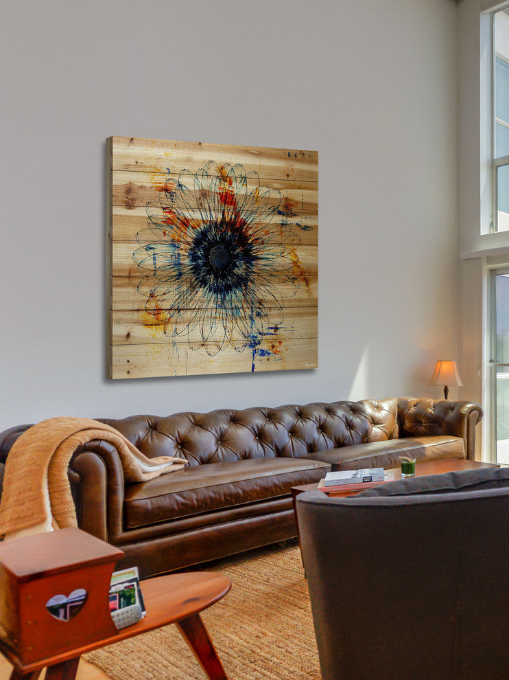 "Stencil Flower" Painting Print on Natural Pine Wood, 32"x32"