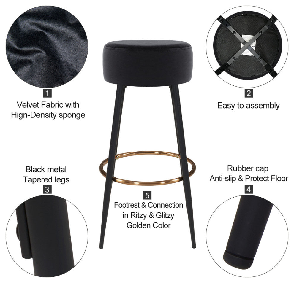 Minimalist Round Bar Stools, Black Velvet - 2 Pcs, 30 Inch