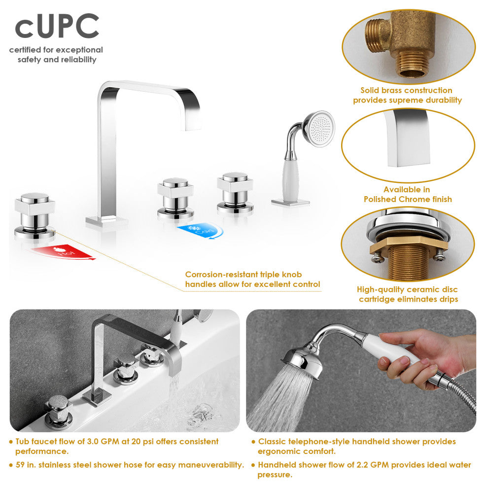 Vikran Triple Handle Deck-Mount Roman Tub Faucet Trim With Handshower, Polished Chome