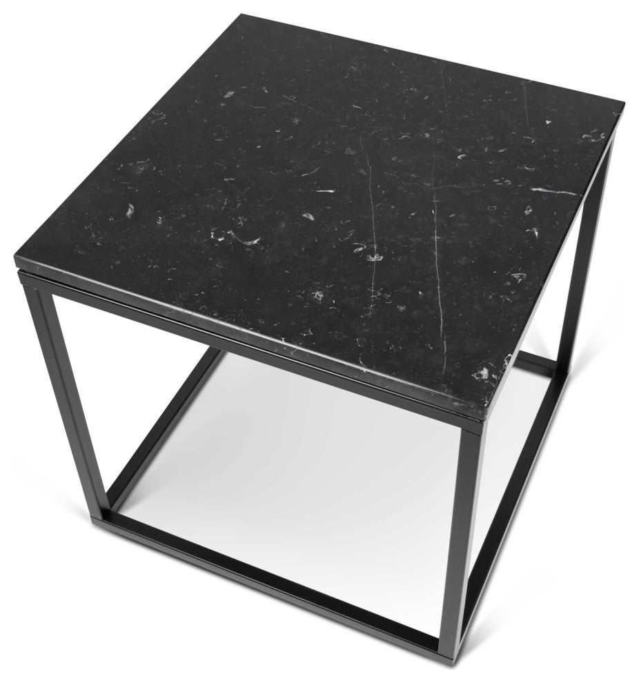 Modern Square Marble & Metal Side Table, Black Marble/Black Legs