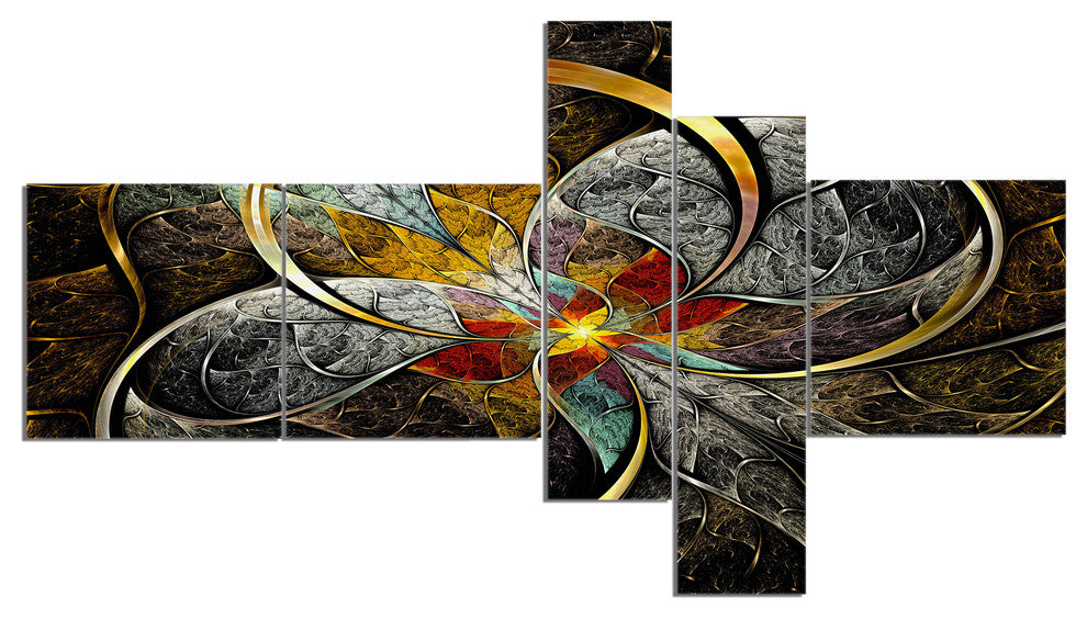 Symmetrical Brown Fractal Flowers, Abstract Print On Canvas, 60"x32", 5 panels