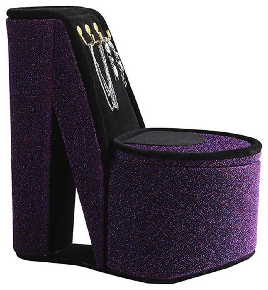 Benzara BM240355 High Heel Shoe Jewelry Box With 3 Hooks and Storage, Purple