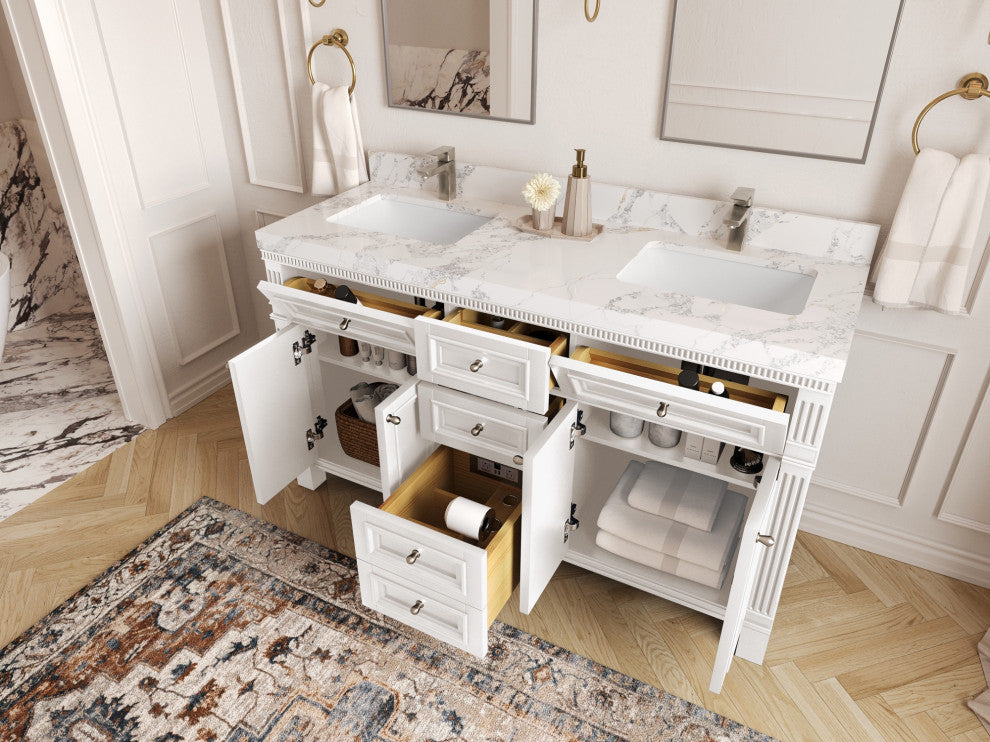 Paris 60" Double Sink Bathroom Vanity, White 2" Calacatta Gold