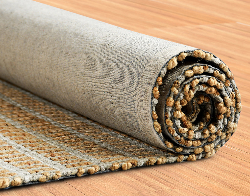 Gray Modern Grid Organic Jute Area Rug, 9'x12'