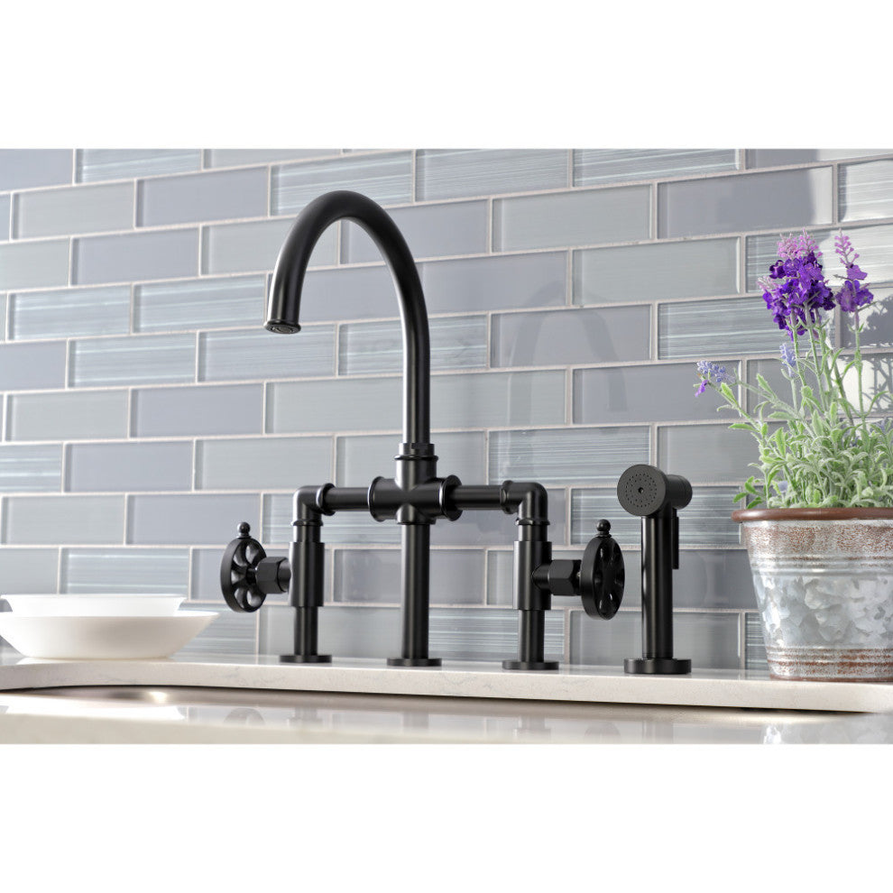 KS2330RX Belknap Bridge Kitchen Faucet With Brass Sprayer, Matte Black