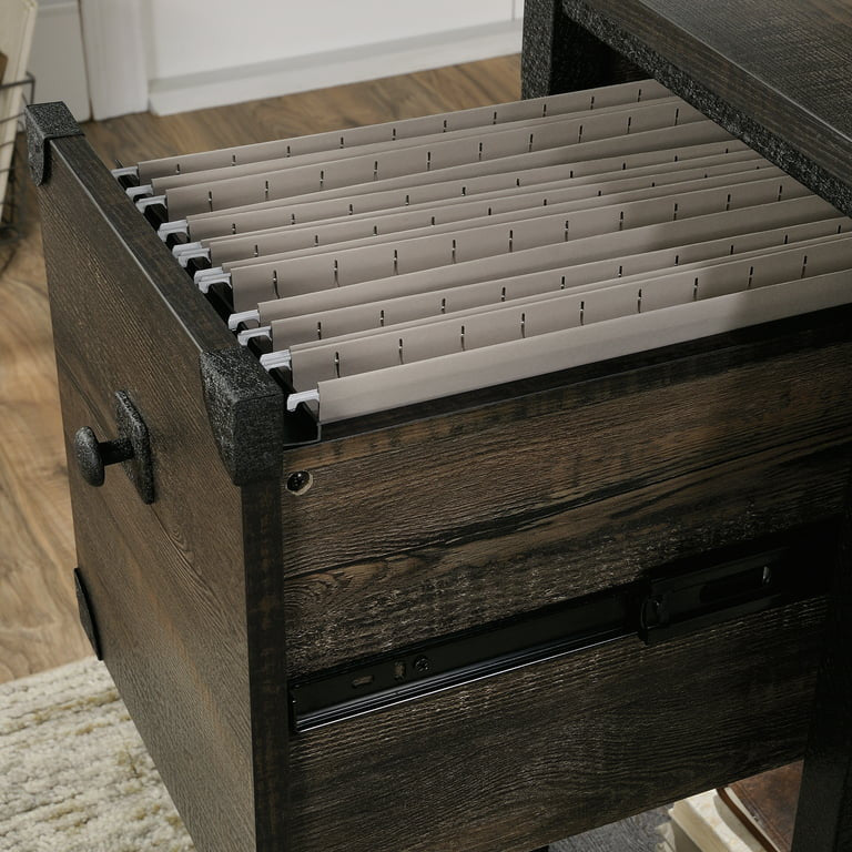 Industrial Desk, Double Pedestal Design With Drawers & Open Shelves, Carbon Oak