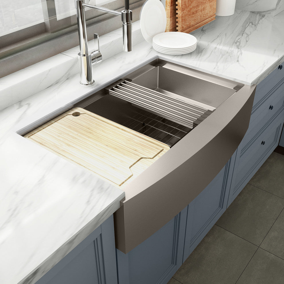 Sinber Single Bowl Kitchen Sink with 304 Stainless Steel Satin Finish, 33"x21" Workstation, Apron/Farmhouse