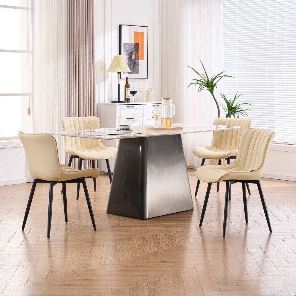 Younike Dining Chair Set of 2, Liner Pattern Faux Leather, Beige