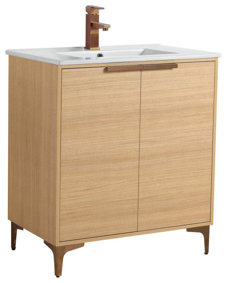 Wilmington Bath Vanity, Natural Oak, 30 Inch, Rose Gold Hardware