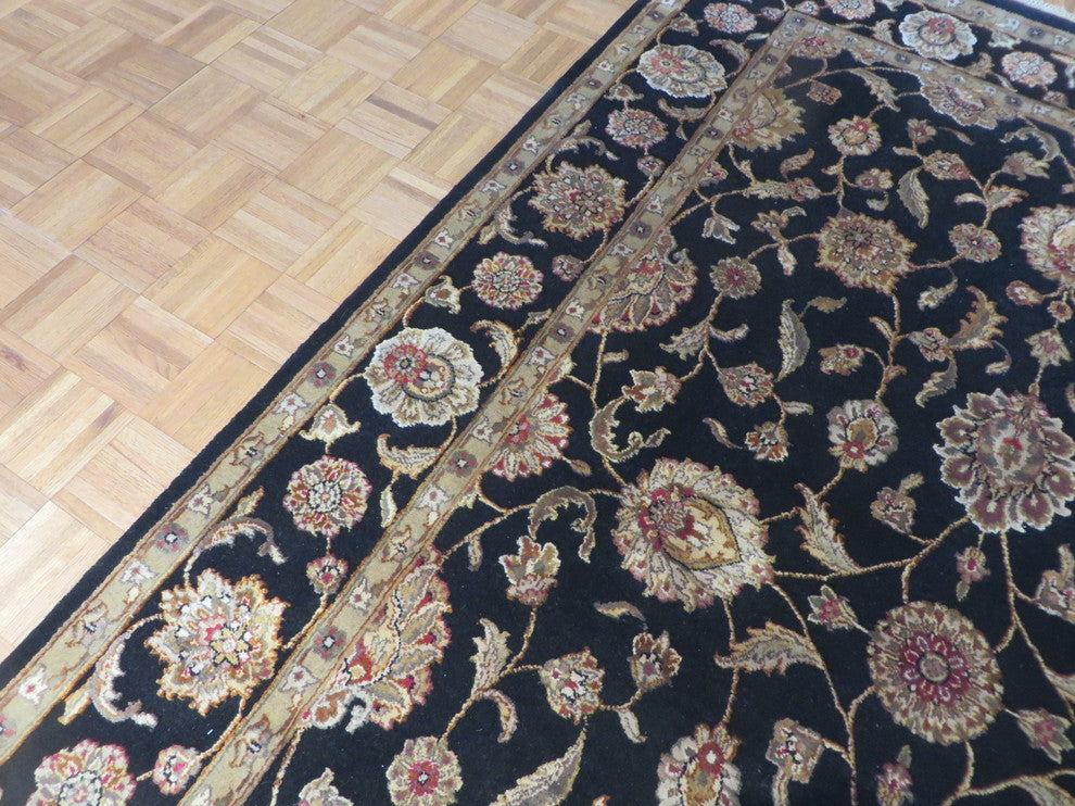 Hand-Knotted Black Tabrez With Silk Oriental Rug, 6x9