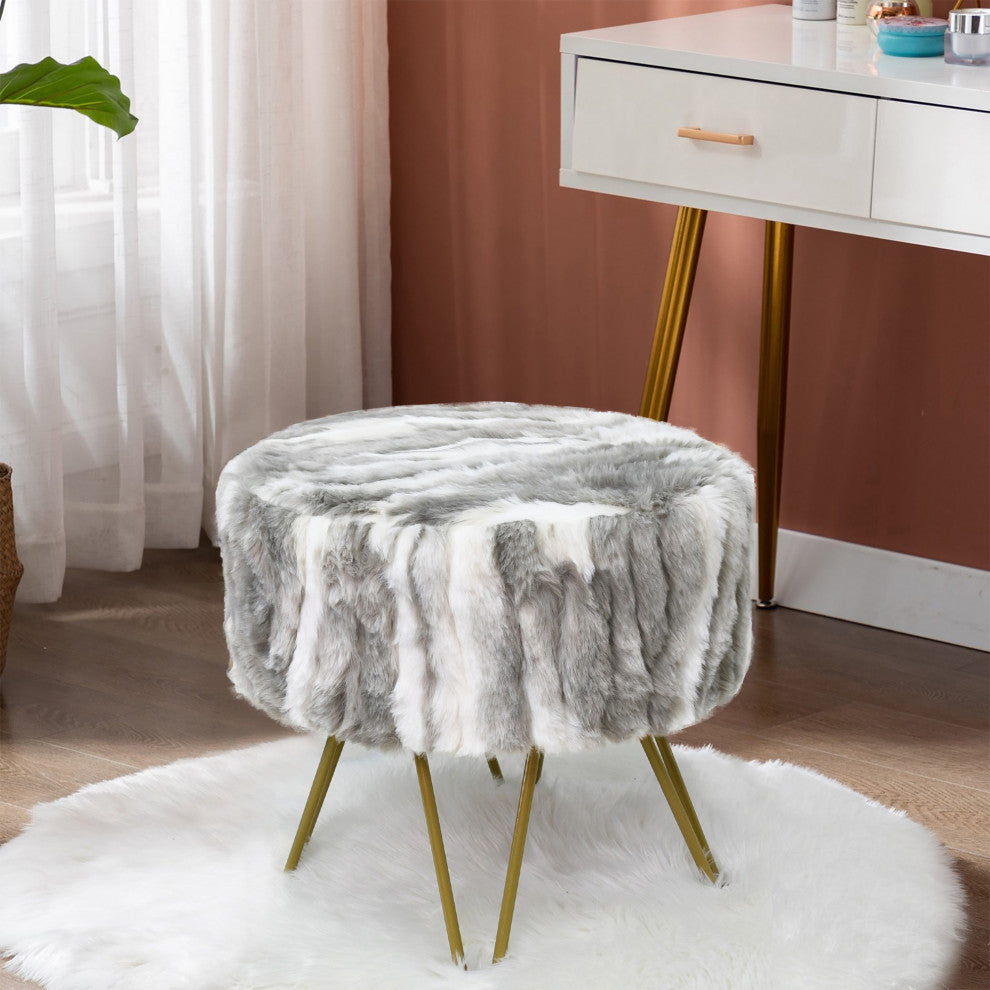 Fauxfur Ottoman Round Fuzzy Entryway Bench, Gray, 18"x18"x18"