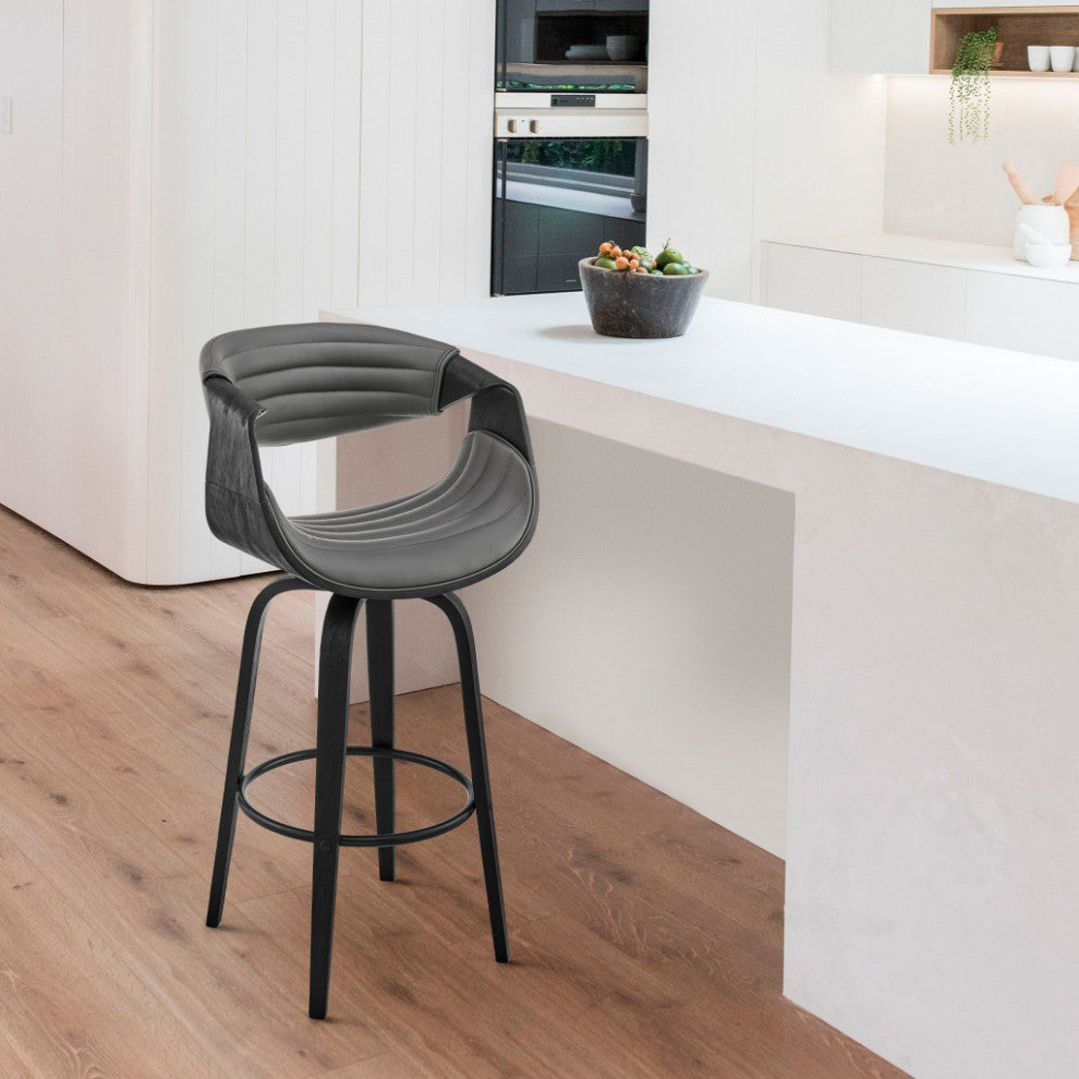 30" Gray Faux Leather and Black Wood Retro Chic Bar Stool