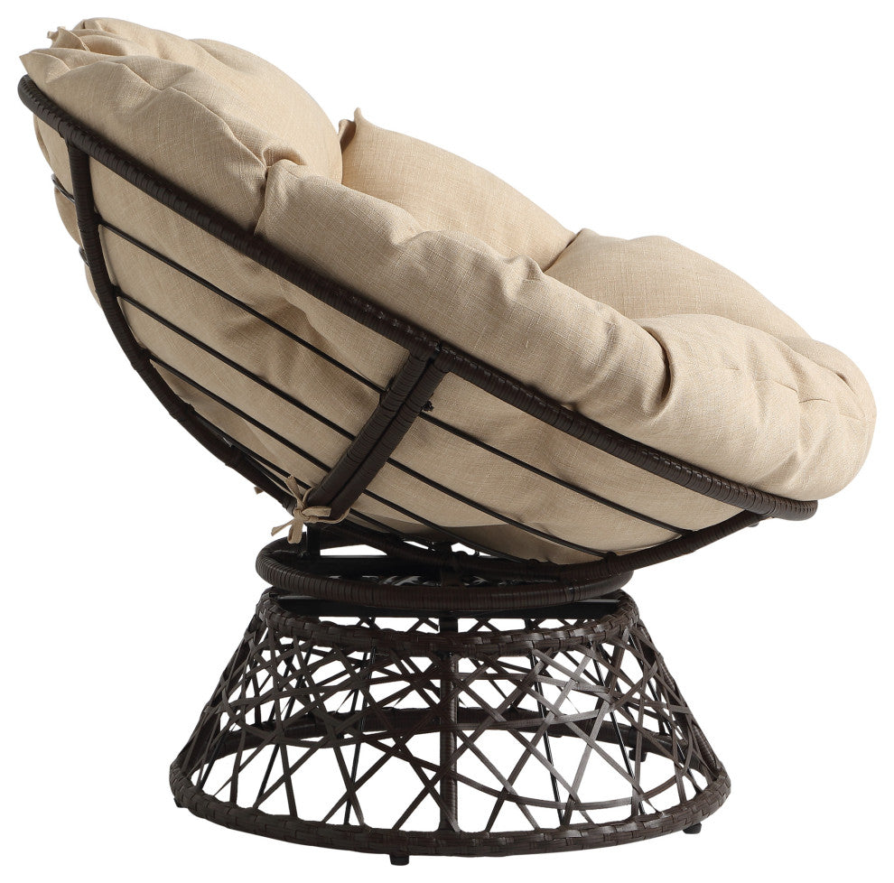 Papasan Chair With Cream Round Pillow Cushion and Brown Wicker Weave