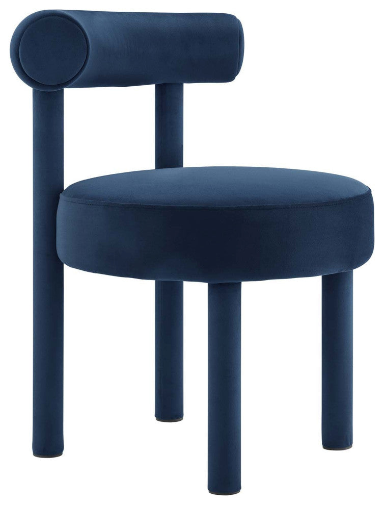 Toulouse Performance Velvet Dining Chair, Curved Round Bolster Side Chair, Blue