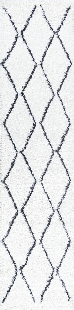 Catala Moroccan Diamond Shag Rug, White/Black, 2x8