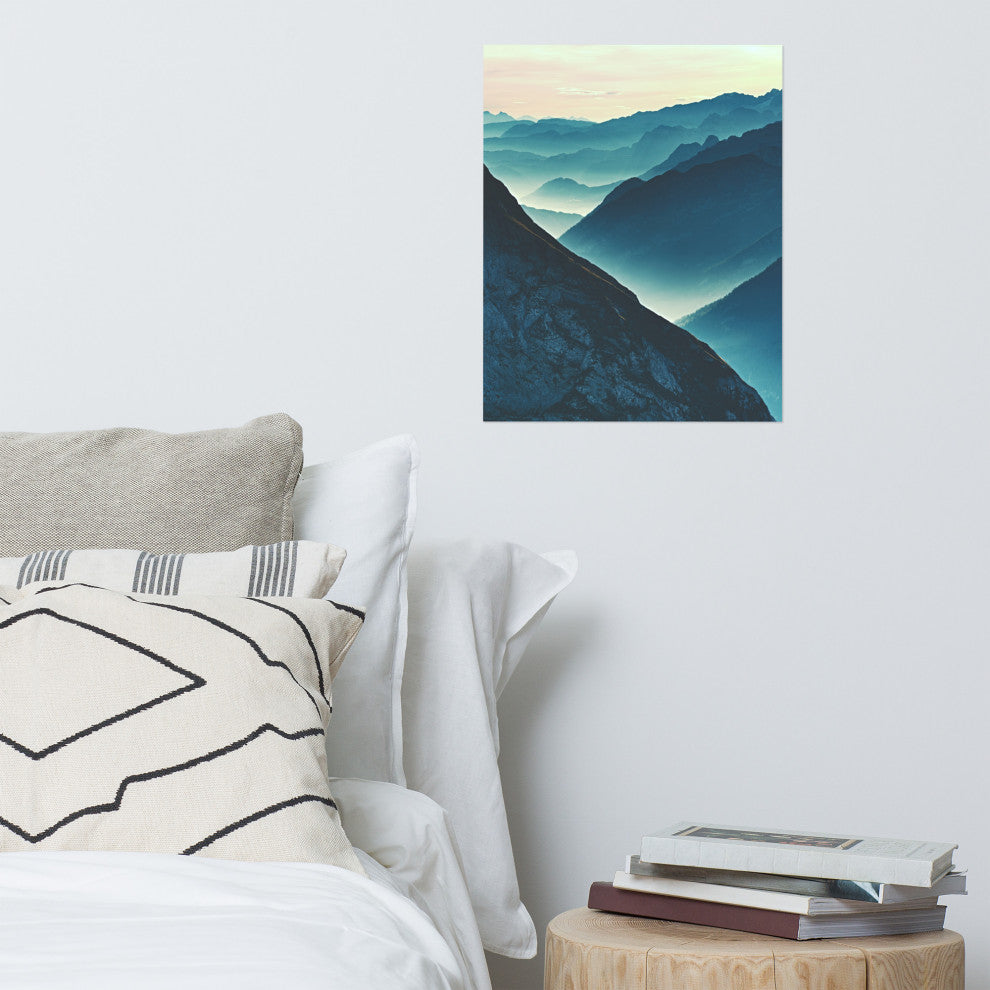 Misty Blue Silhouette Mountain Range Landscape Photo Unframed Wall Art Prints, 16" X 20"