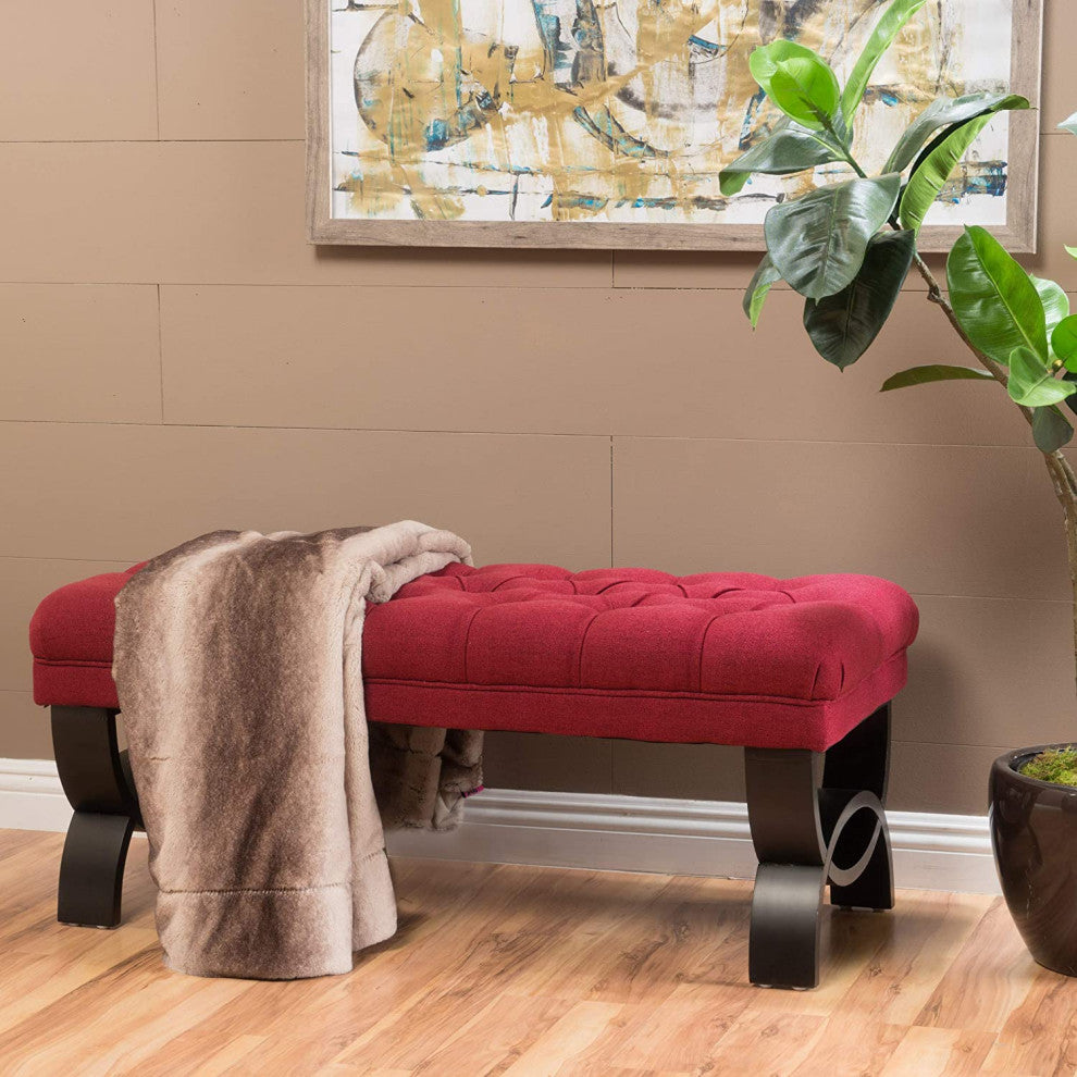Tufted Fabric Ottoman Bench, Deep Red