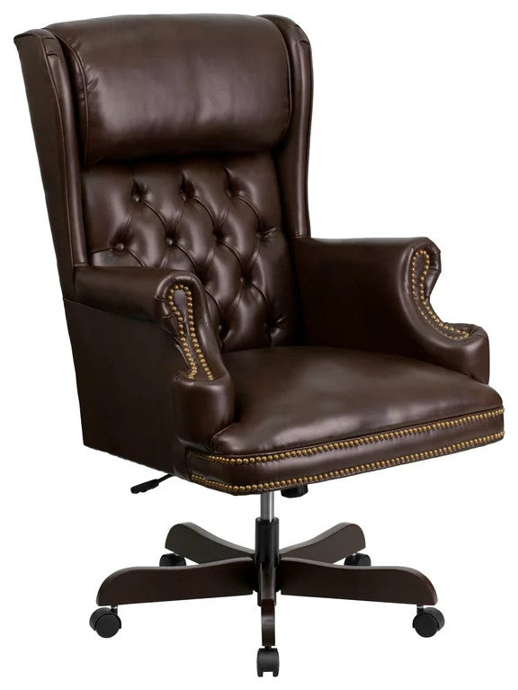 Office Chair, Oversized PU Seat With Button Tufted Back & Nailhead, Brown