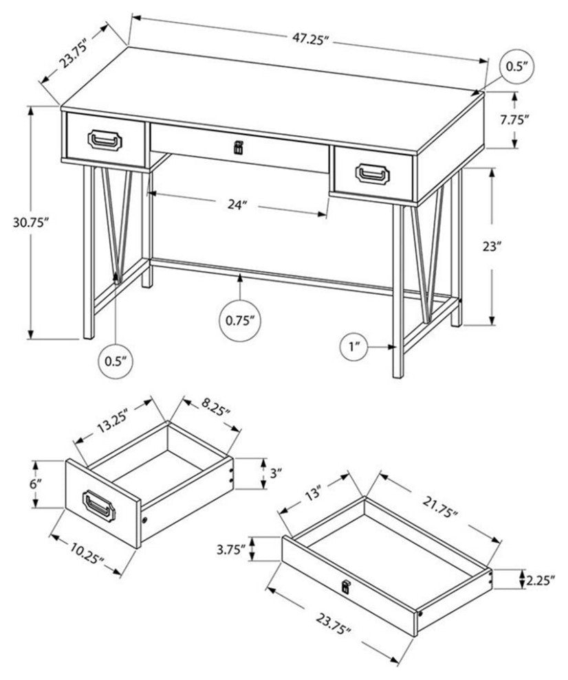 Computer Desk, Laptop, Storage Drawers, 48"L, Work, Metal, Brown, Black