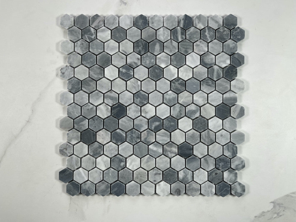 Bardiglio Gray Dark Grey Marble 1 inch Hexagon Mosaic Tile Honed, 1 sheet