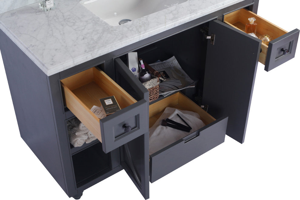 Odyssey, 48, Maple Gray Cabinet With White Stripes Marble Countertop