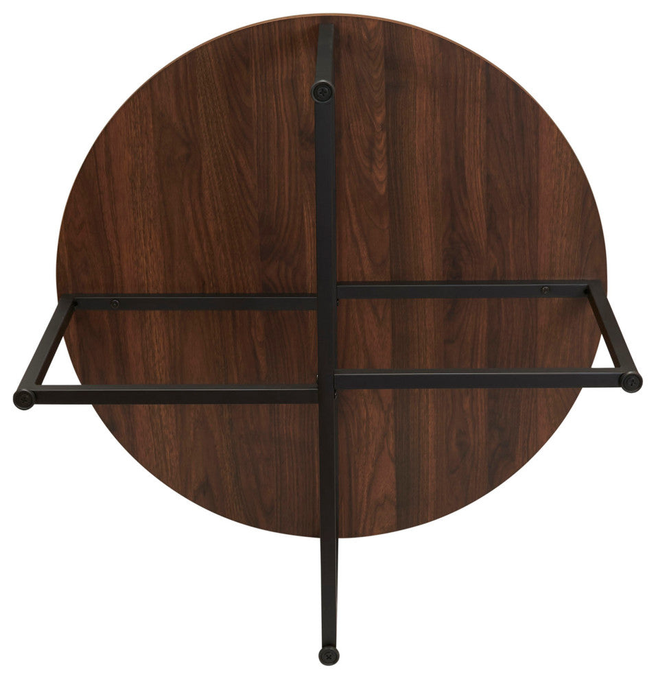 Jamestown Round Coffee Table Mid Century Walnut Wood Grain and Black Metal