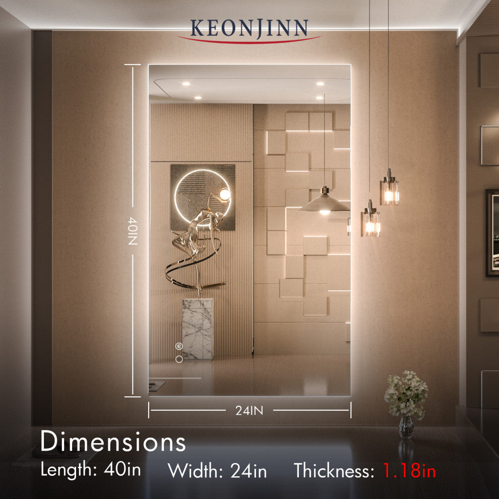 Backlit LED Mirror for Bathroom, Anti-Fog Dimmable, Silver, 24x40