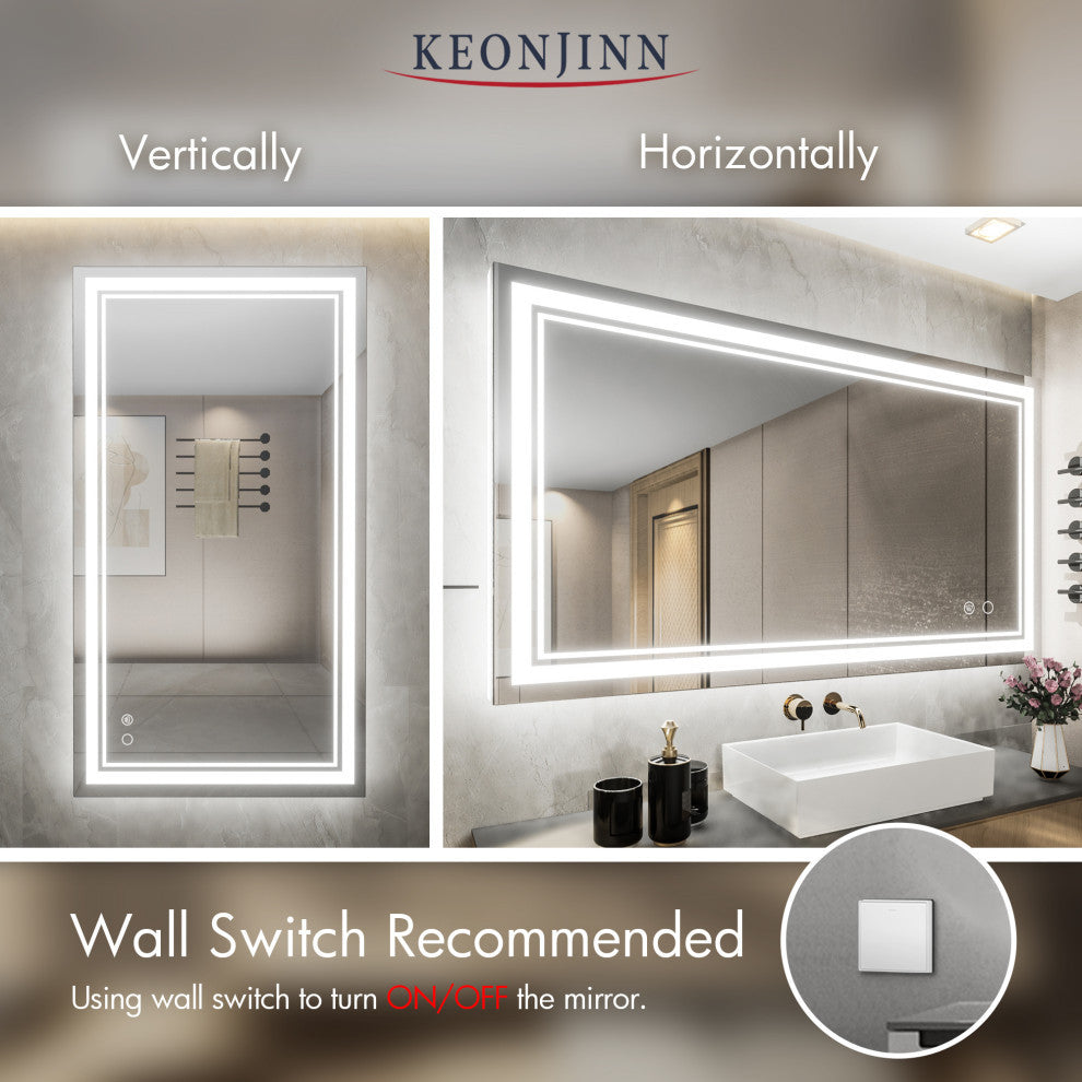 3-Colors LED Bathroom Mirror, Anti-Fog Memory Dimmable, Sliver, 40"x24"