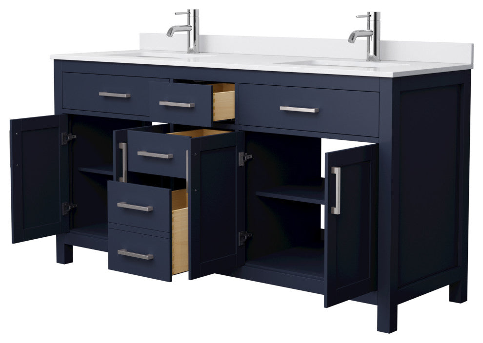 66"DBL Vanity Dark Blue, White Cult. Marble Countertop, Sinks, Nickel Trim
