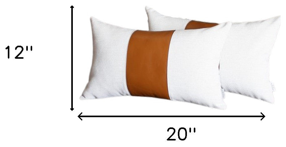 Set of 2 Porcelain White and Center Caramel Brown Faux Leather Pillow Covers