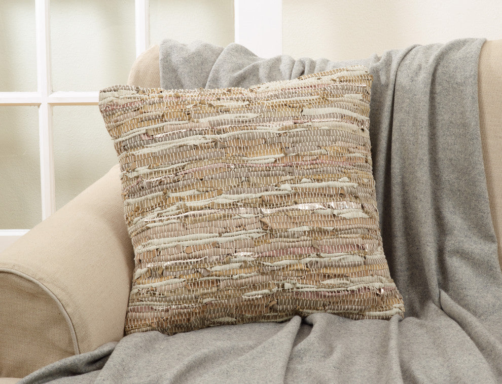 Cotton And Leather Blend Accent Pillow With Chindi Design And Down Filling