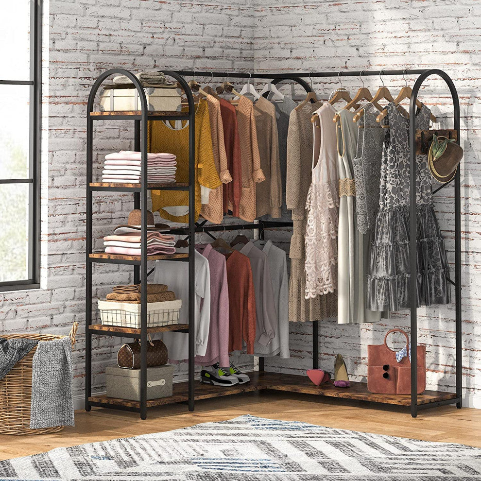 Tribesigns L Shaped Closet Organizer, Freestanding Corner Clothes Rack, Brown