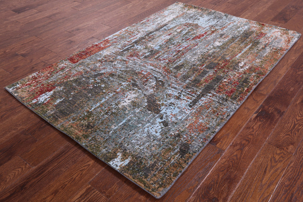 4' 0" X 6' 1" Modern Bridge Design Handmade Wool and Silk Rug Q8896