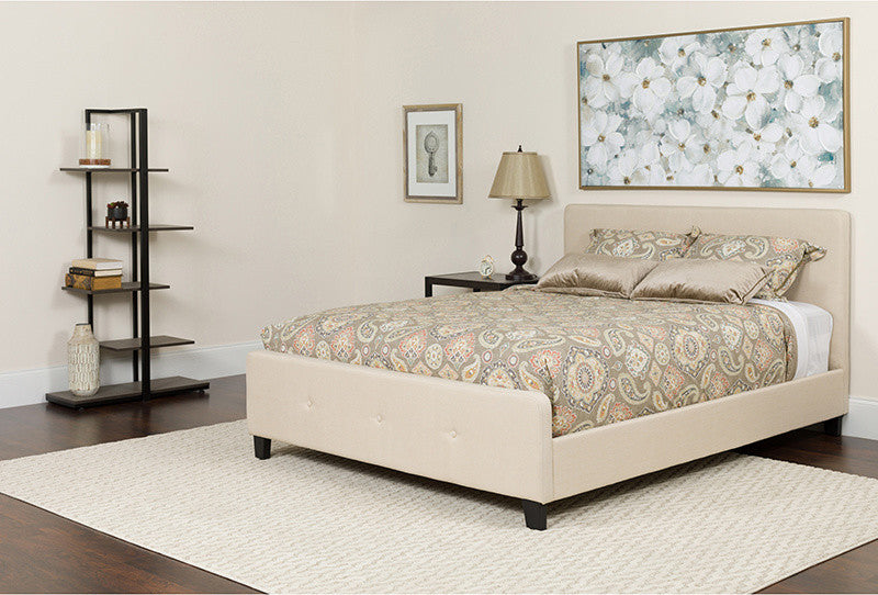 King Size Tufted Upholstered Platform Bed Beige Fabric with Memory Foam Mattress