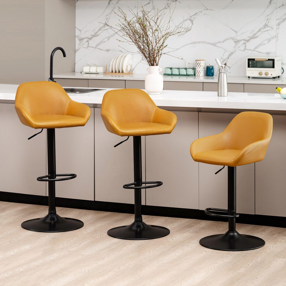 Set of 3 Adjustable Swivel Bar Stool, Mustard Yellow