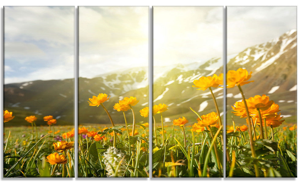 Mountain Pasture with Yellow Flowers, Floral Canvas Art Print, 48"x28", 4 Panels